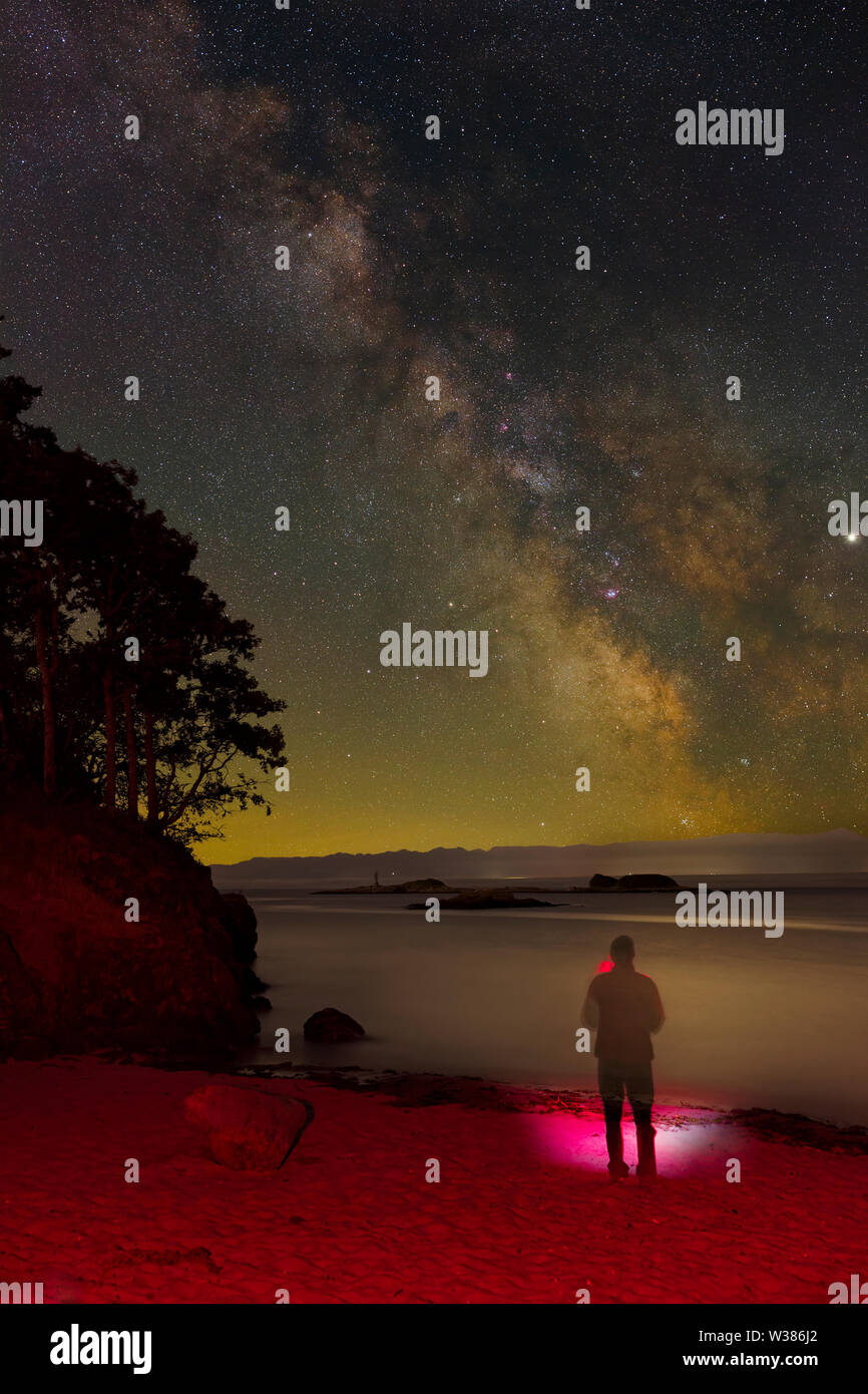 Stargazer guarda la Via Lattea e il pianeta Giove dalla torre Point-Metchosin, British Columbia, Canada. Note-Image è composito Foto Stock