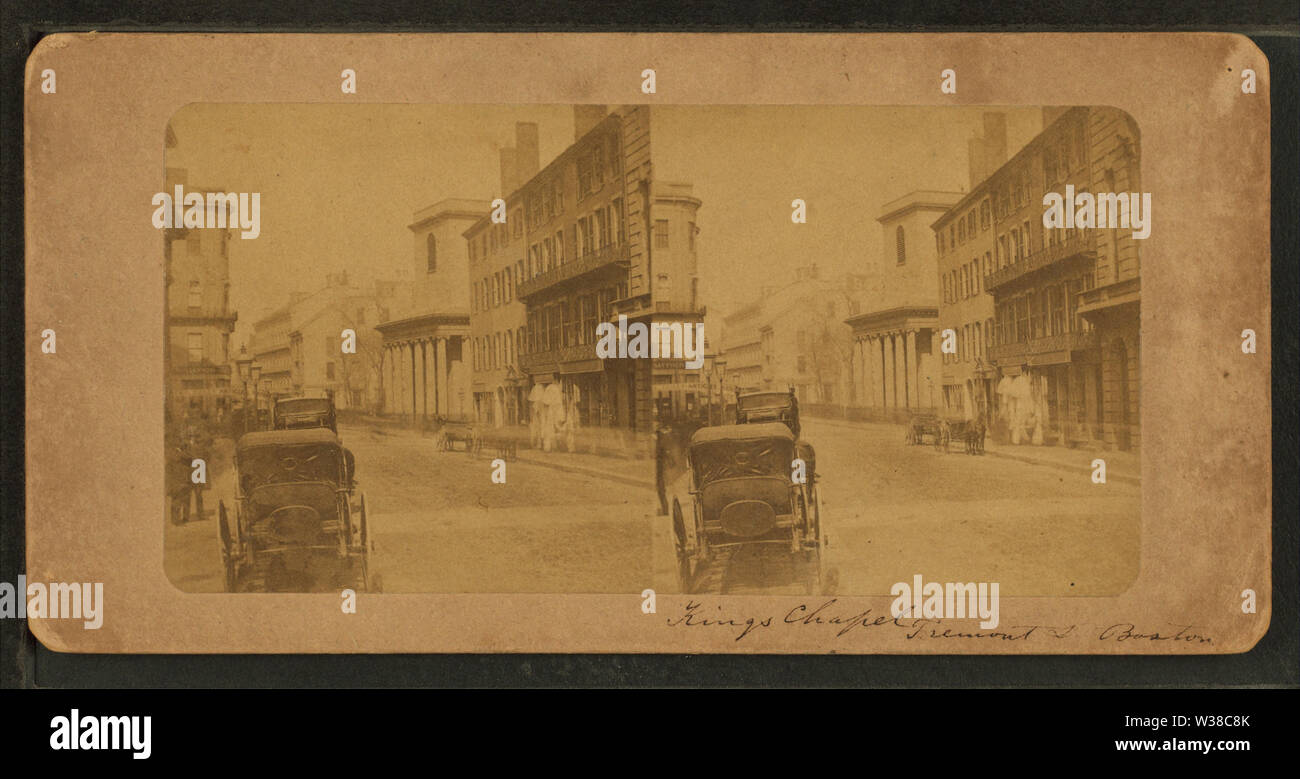 Vista del Re della cappella, che mostra colonnato anteriore, e carrelli su Tremont St, da Robert N Dennis raccolta di vista stereoscopica Foto Stock