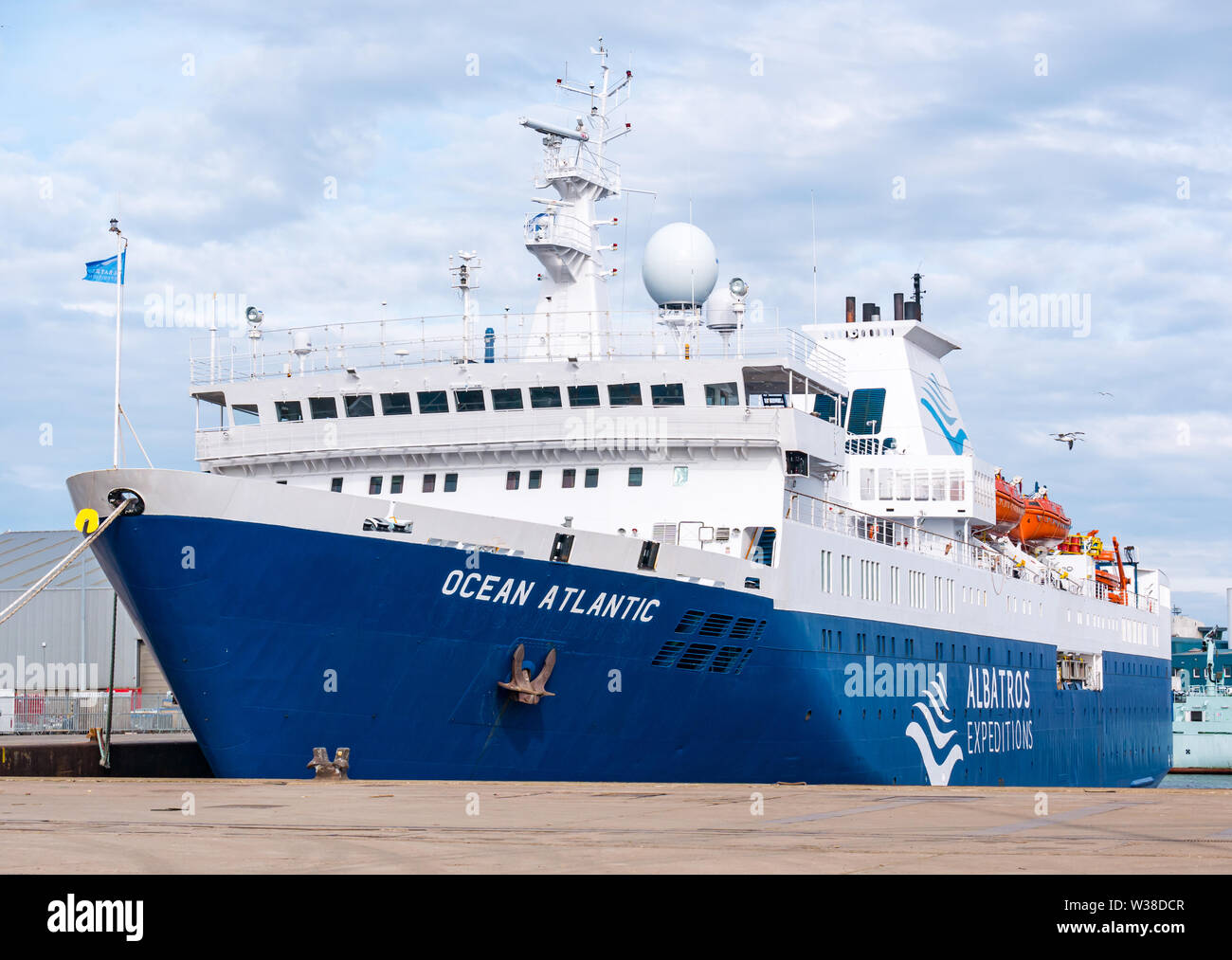 Nave da crociera Antartico, Ocean Atlantic, ormeggiata nel porto di Aberdeen, Aberdeen City, Scozia, Regno Unito Foto Stock