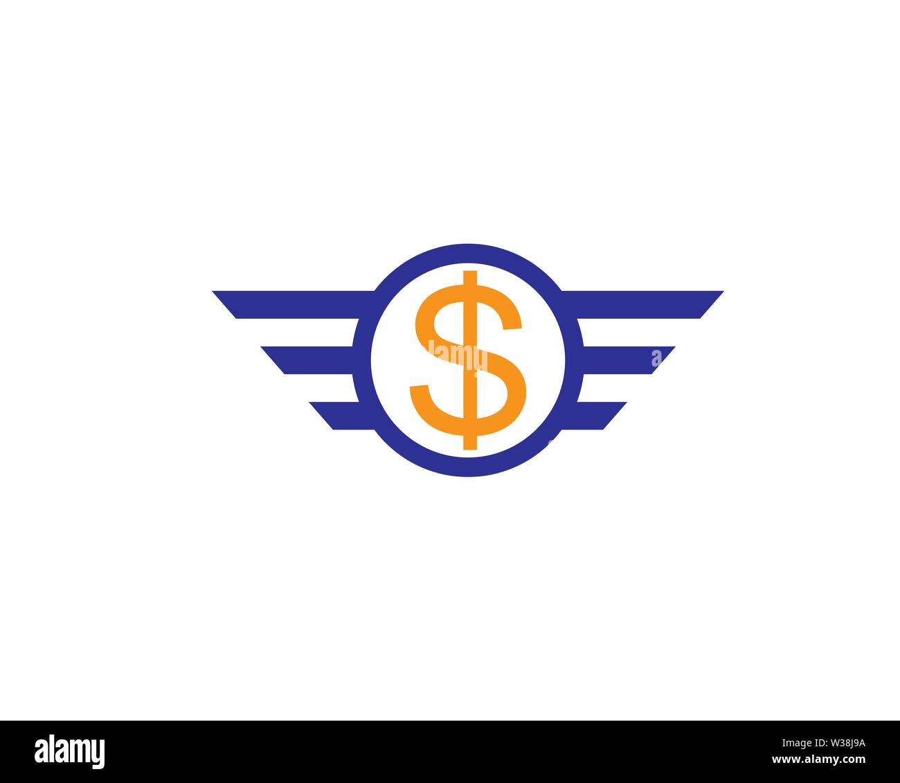 Flying dollar sign con ali isolati su sfondo bianco. Illustrazione Vettoriale Foto Stock