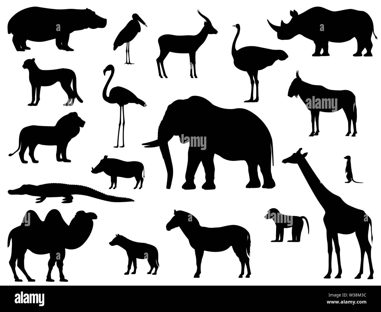 Impostare silhouette in piedi animali africani Illustrazione Vettoriale