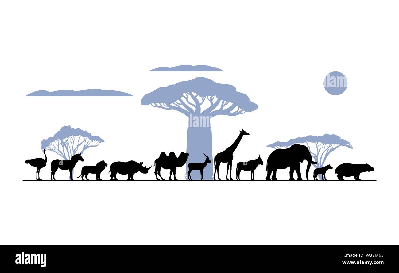 Impostare silhouette di animali africani Illustrazione Vettoriale