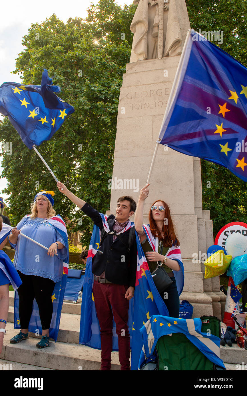Westminster, Londra, Regno Unito. Il 26 giugno, 2019. Brexit restano gli attivisti cantano canzoni e wave UE e Union Jack Flag di fronte alla House of Commons. Credito: Maureen McLean/Alamy Foto Stock
