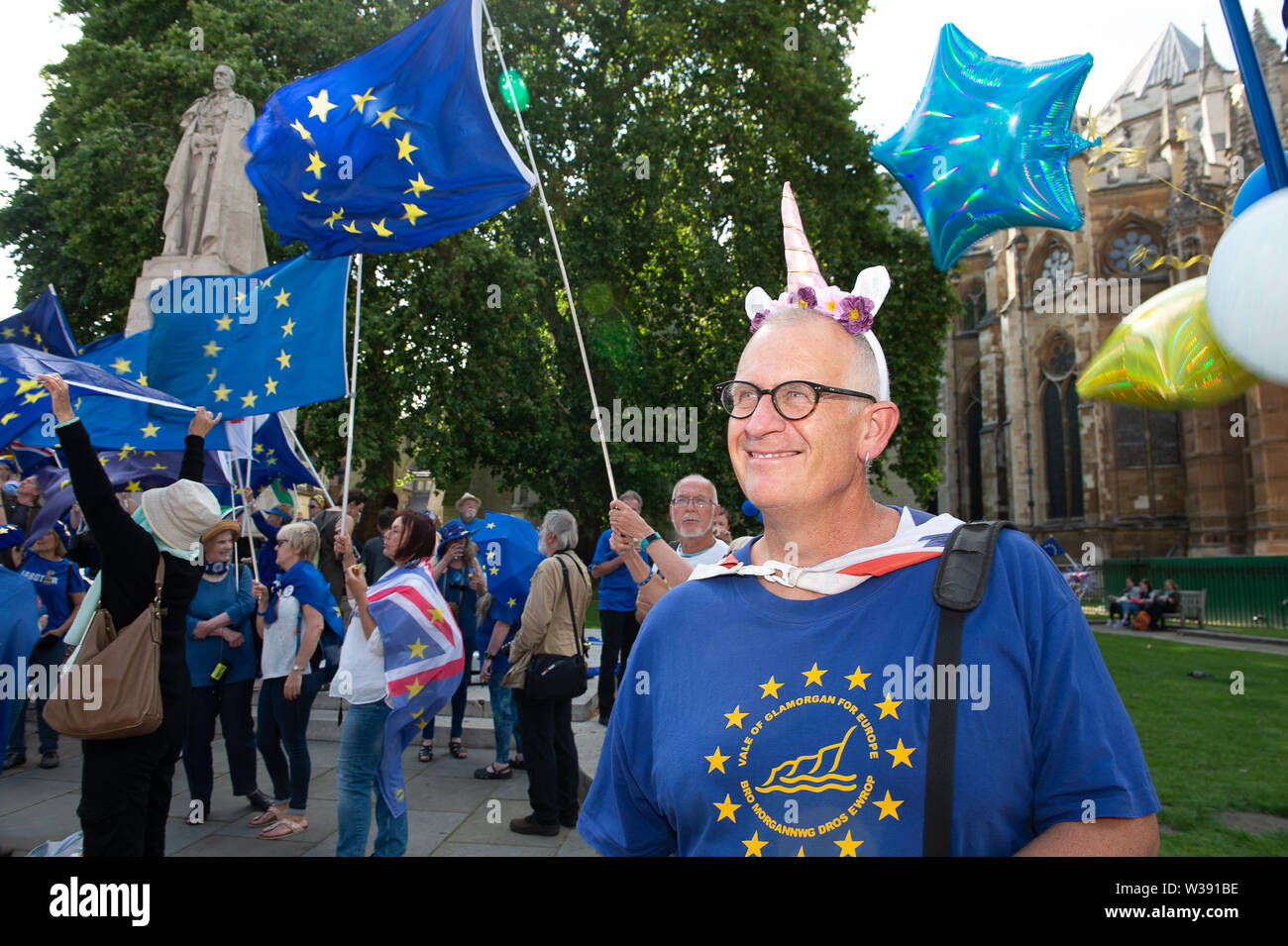 Westminster, Londra, Regno Unito. Il 26 giugno, 2019. Un Brexit restano i diruttori indossa un corno di unicorno sulla sua testa come si sta con gli attivisti di fronte alla House of Commons. Credito: Maureen McLean/Alamy Foto Stock