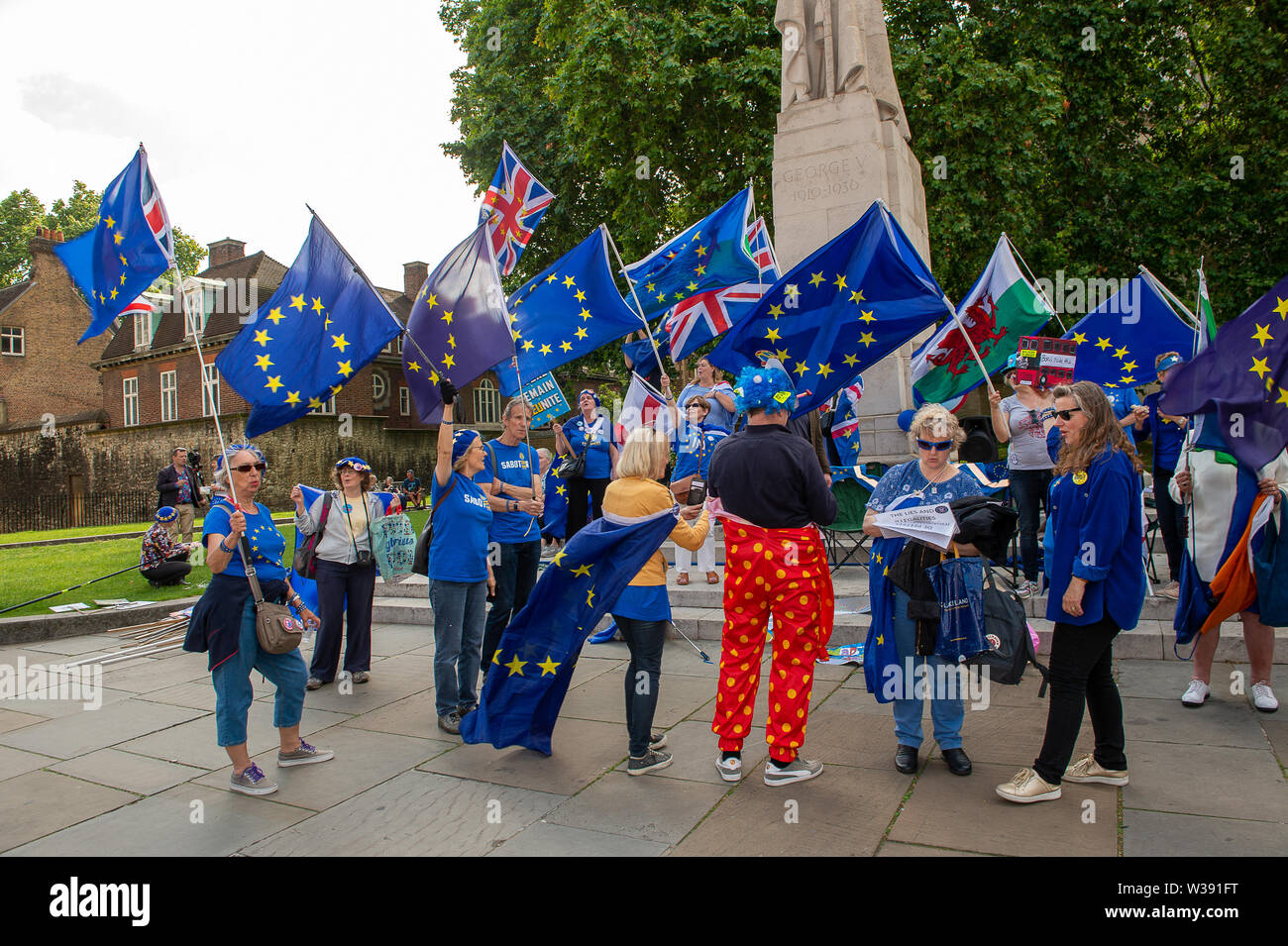 Westminster, Londra, Regno Unito. Il 26 giugno, 2019. Brexit restano gli attivisti wave le loro bandiere di fronte alla House of Commons. Credito: Maureen McLean/Alamy Foto Stock