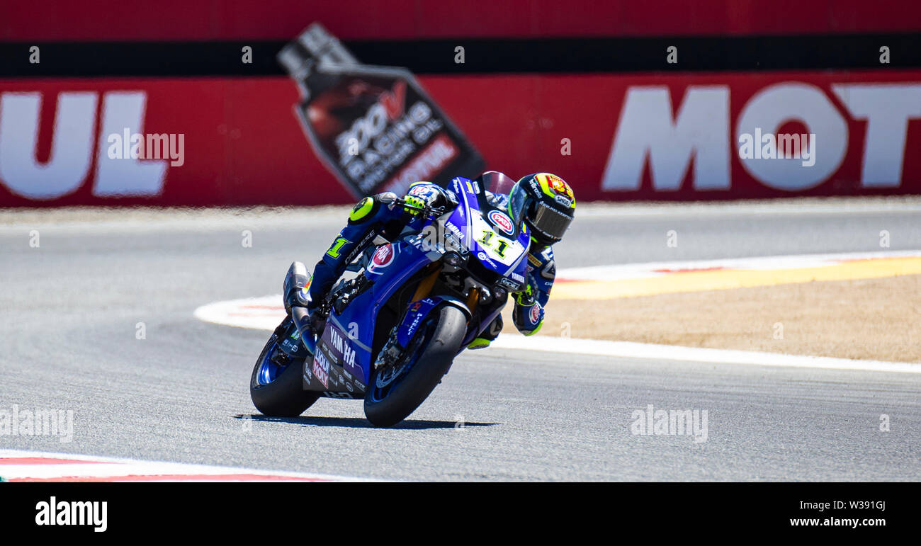 Monterey, CA, Stati Uniti d'America. 13 Luglio, 2019. Un # 11 Sandro Cortese in uscita di curva 11 durante il Motul FIM Superbike World Championship Geico U.S. Round Tissot Superpole a Weathertech Raceway Laguna Seca Monterey, CA Thurman James/CSM/Alamy Live News Foto Stock