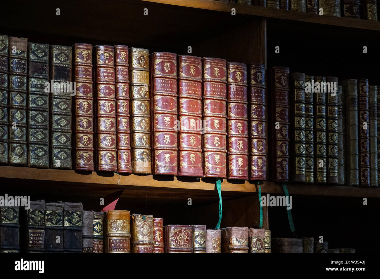 Vecchi libri d'epoca sugli scaffali della biblioteca Foto Stock