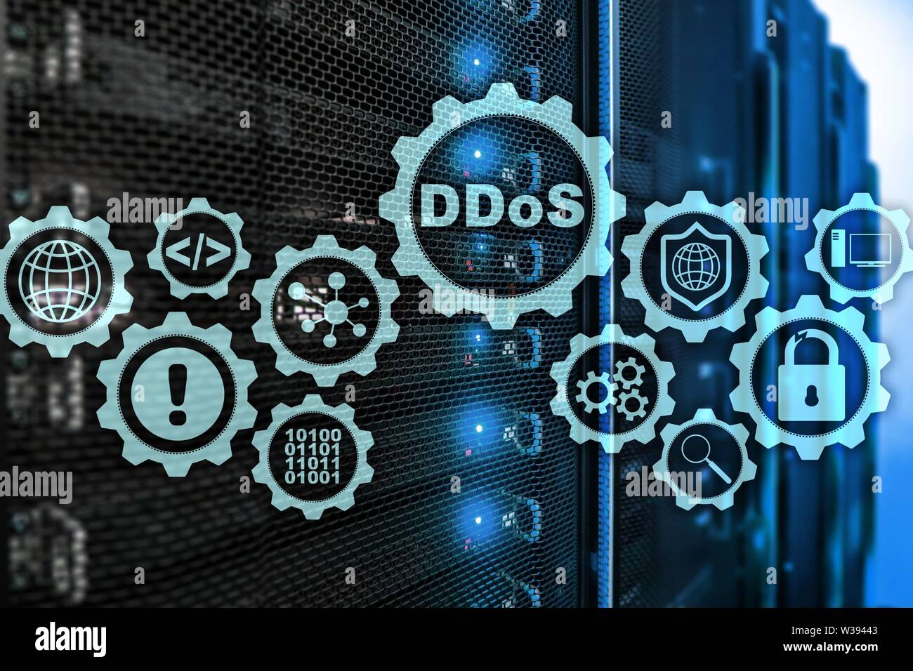 DDoS cyber attacco. Tecnologia, Internet e la rete di protezione del concetto. Server datacenter sfondo Foto Stock
