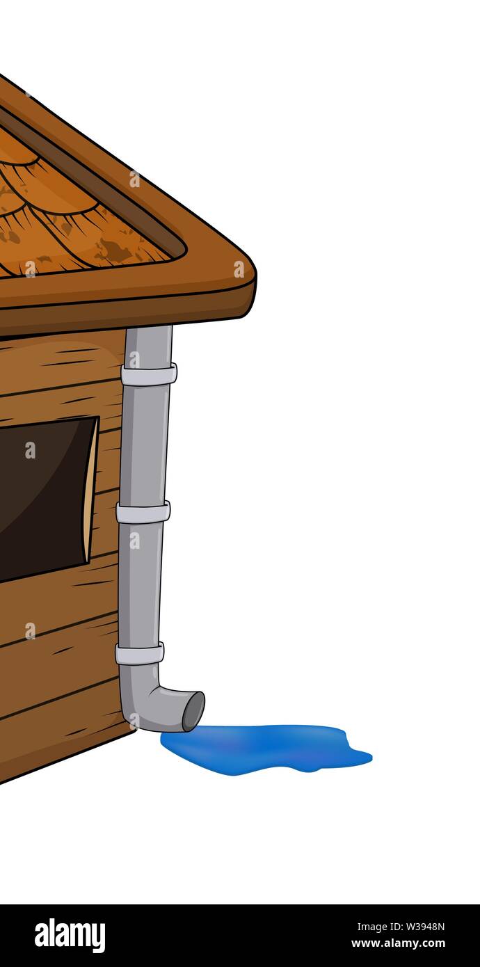 Casa con tetto di gronda con pioggia pozzanghera cartoon illustrazione isolati su sfondo bianco Illustrazione Vettoriale
