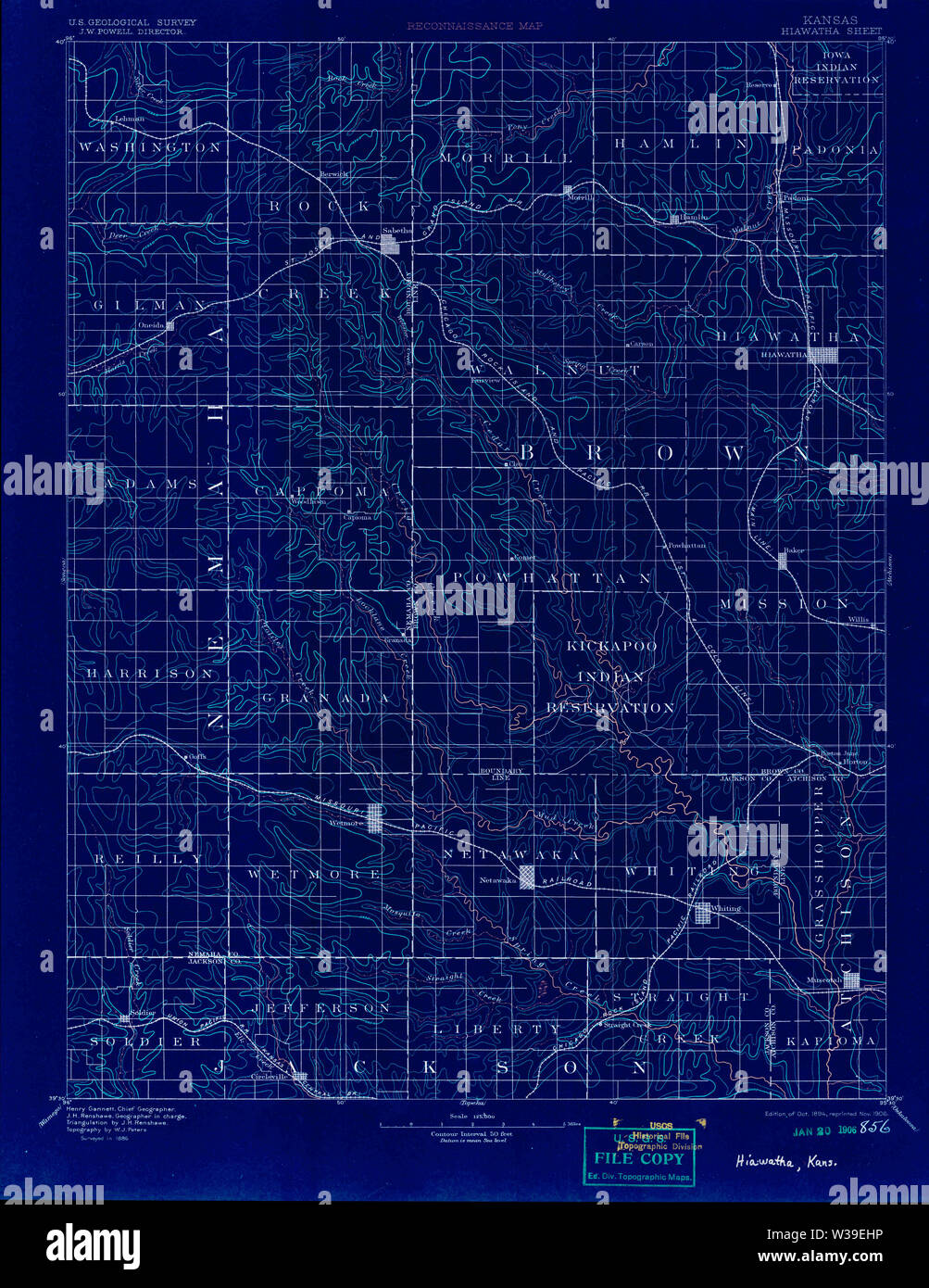 USGS TOPO Map Kansas KS Hiawatha 122534 1894 125000 Restauro invertito Foto Stock
