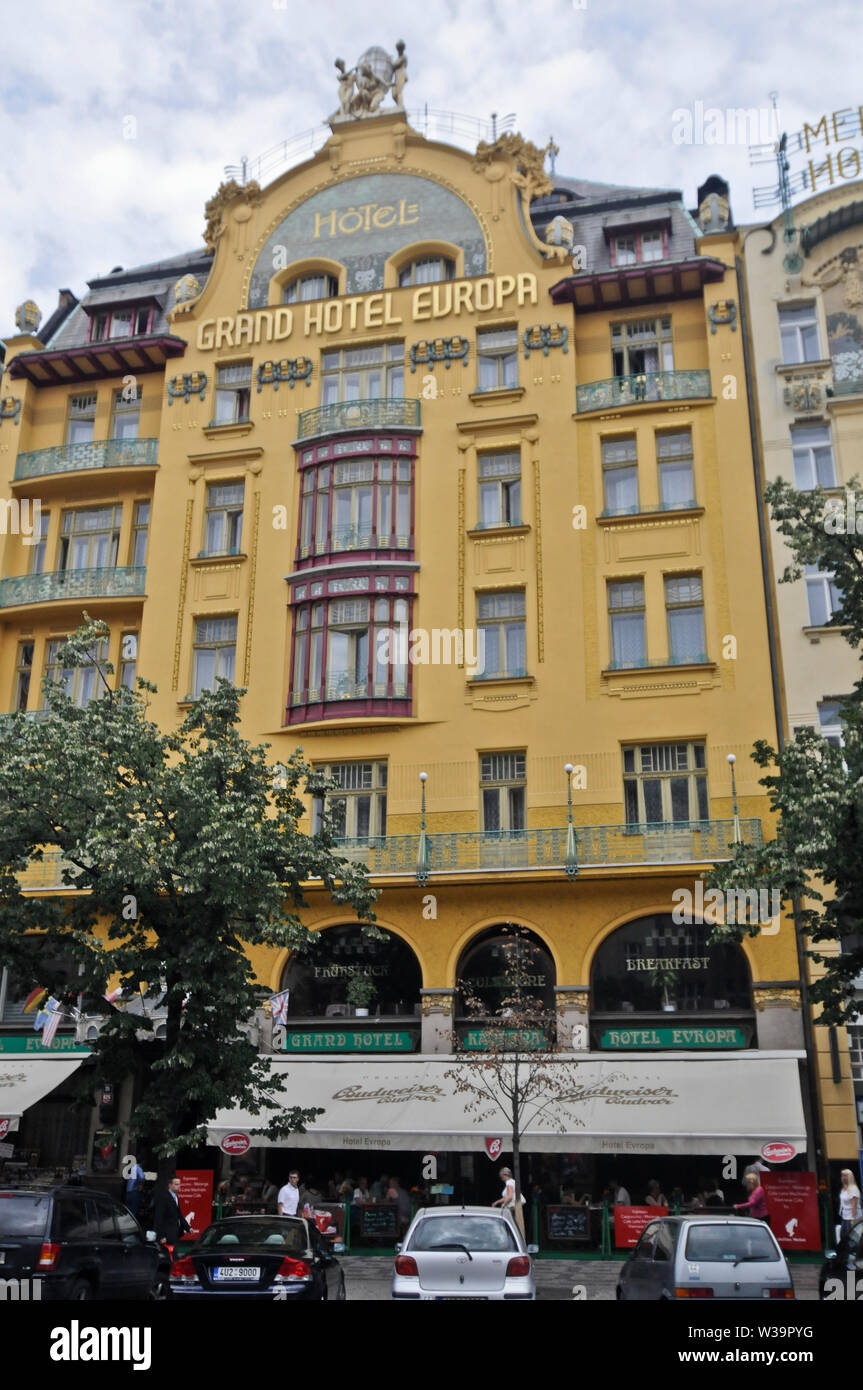 Il Grand Hotel Evropa, la Piazza di Venceslao. Praga, Repubblica Ceca Foto Stock