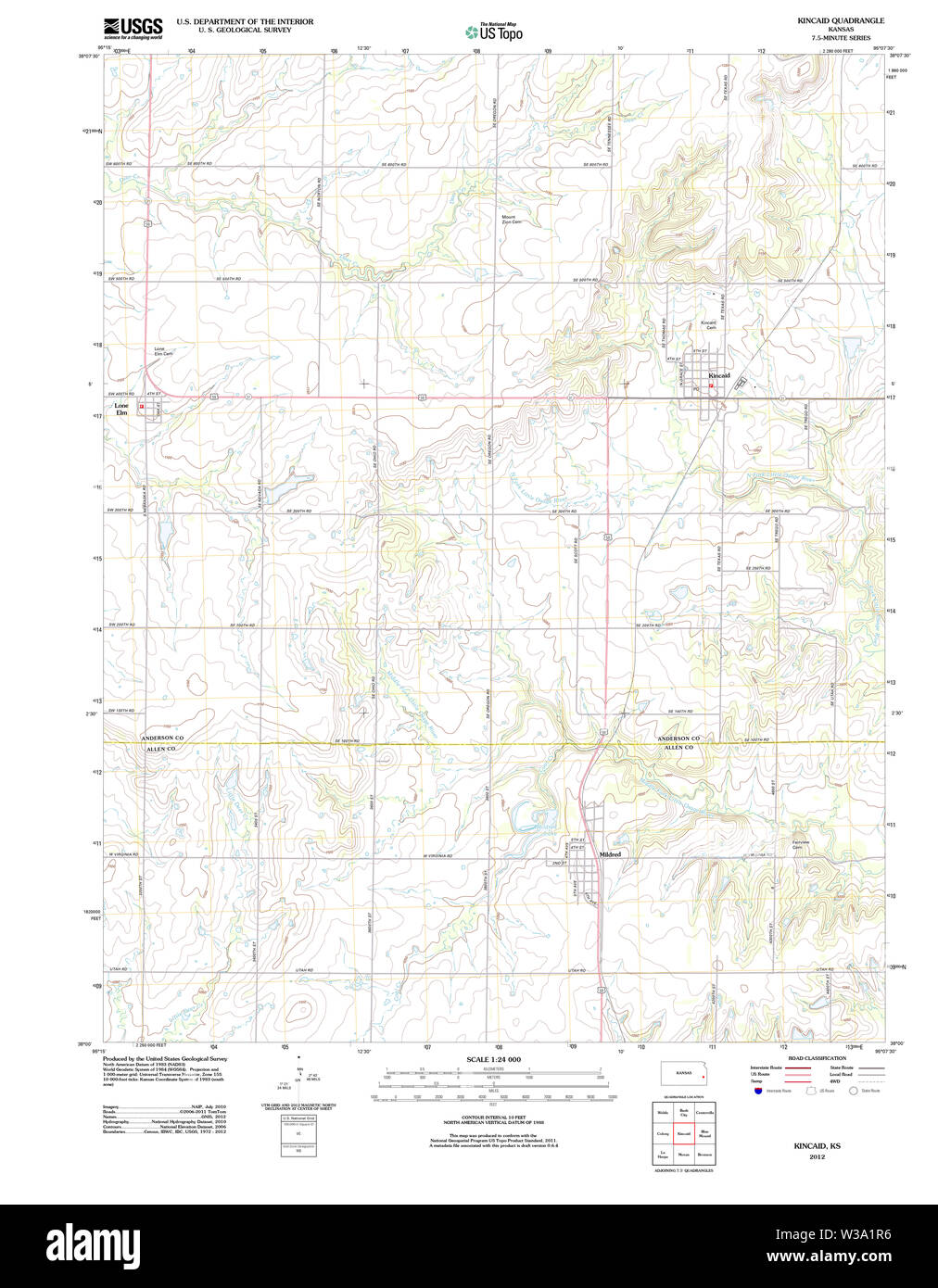 USGS TOPO Map Kansas KS Kincaid 20120917 TM il restauro Foto Stock