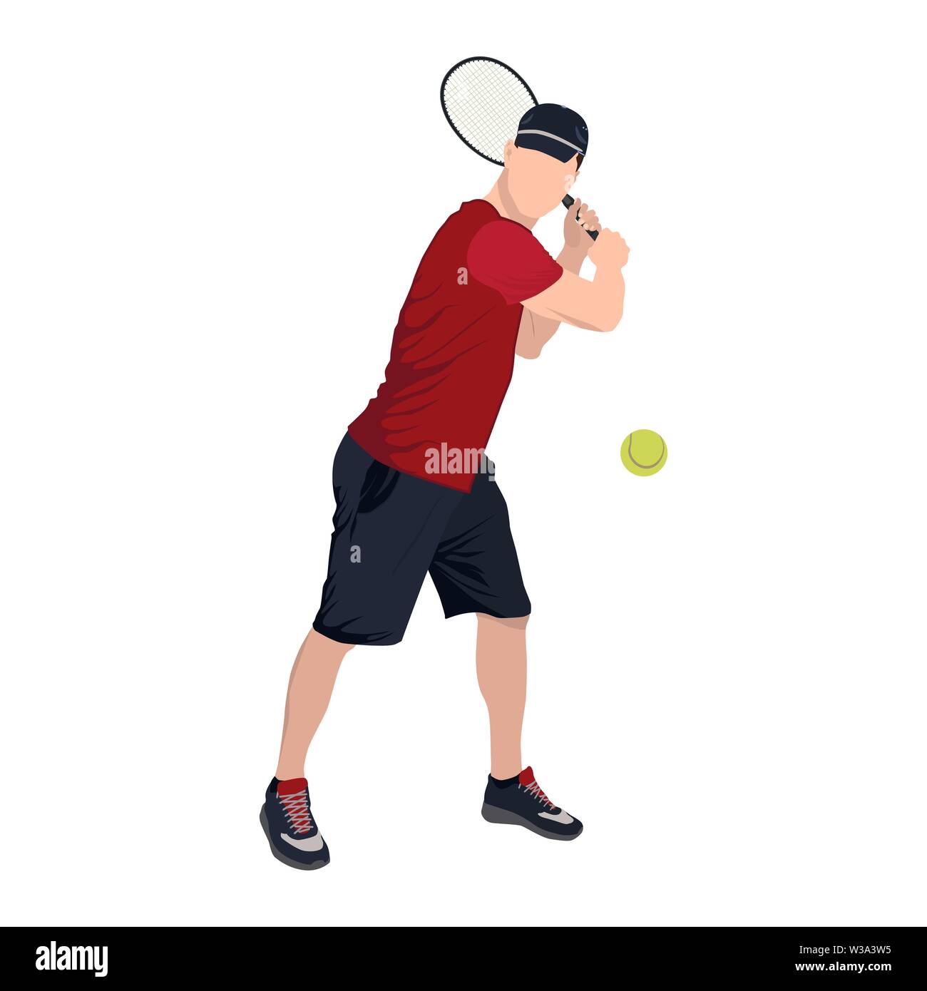 Giocatore di tennis con la palla e la racchetta, vettore isolato piatta illustrazione Illustrazione Vettoriale
