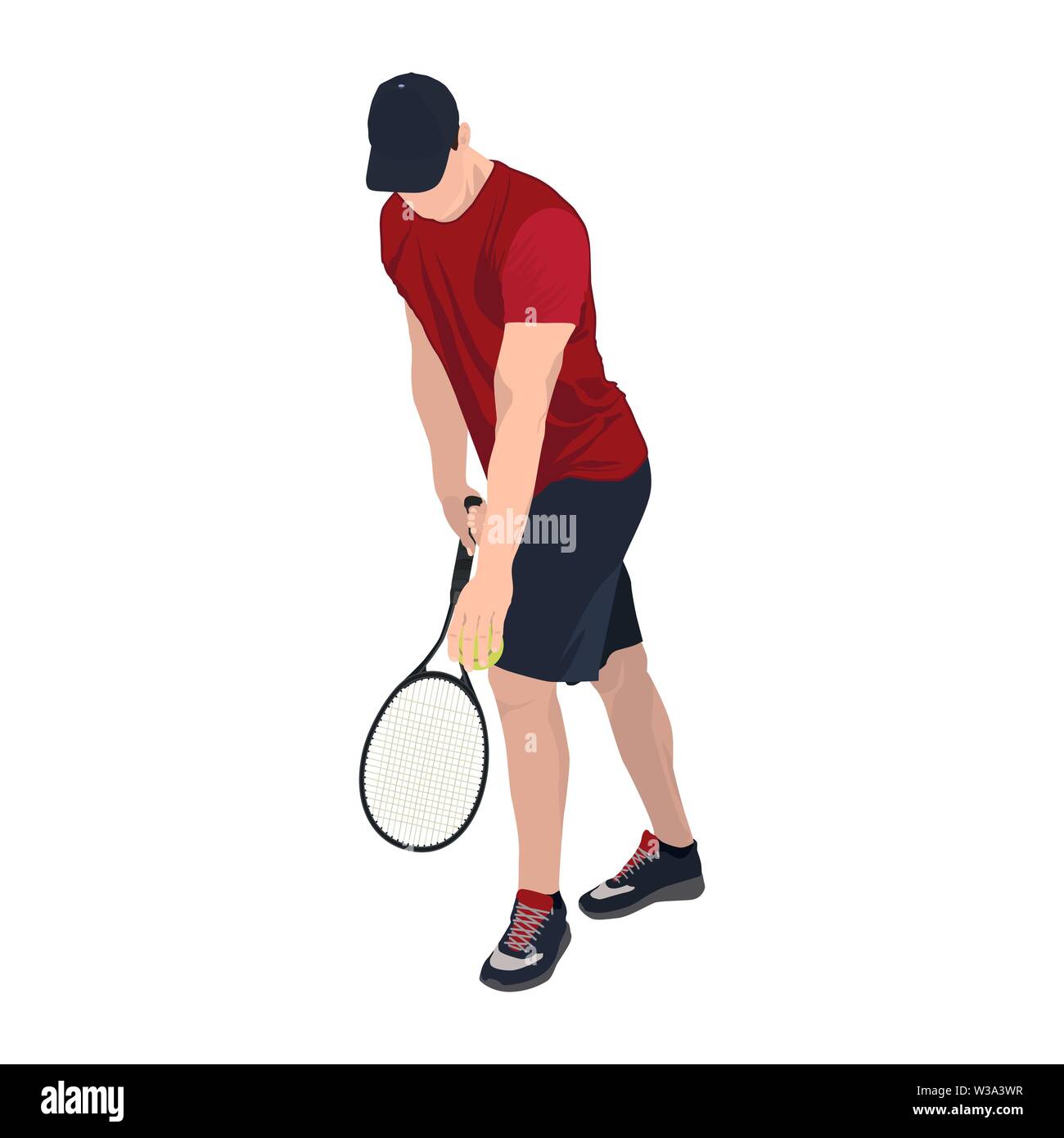 Giocatore di tennis con la palla e la racchetta, vettore isolato piatta illustrazione Illustrazione Vettoriale