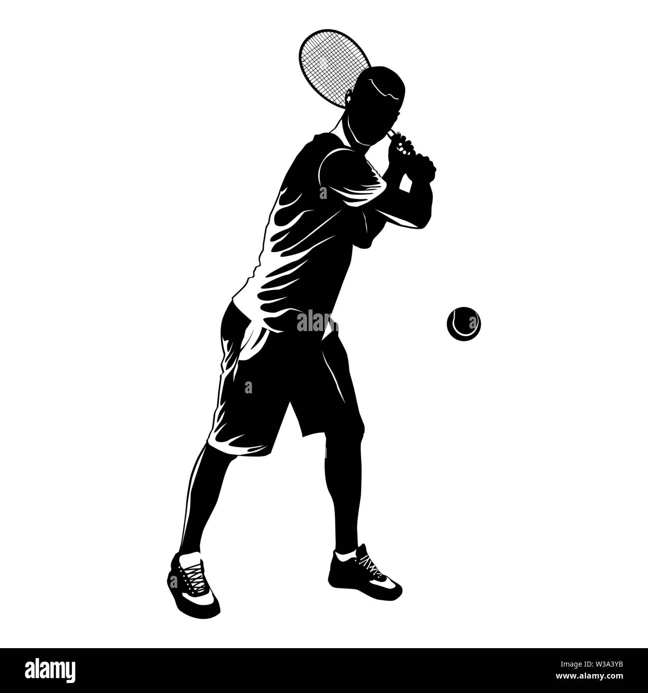 Giocatore di Tennis silhouette nera su sfondo bianco, illustrazione vettoriale Illustrazione Vettoriale