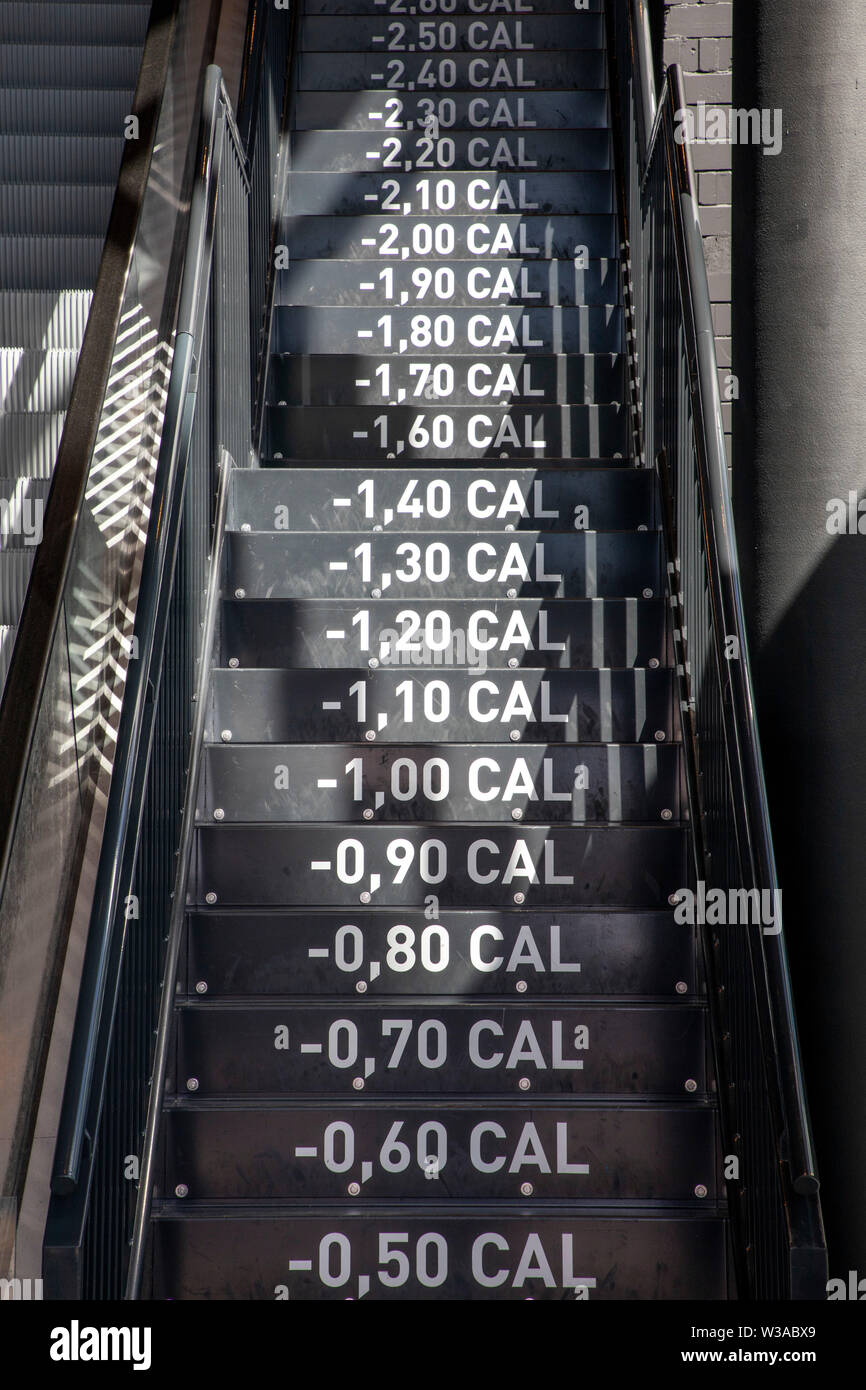Scale per una palestra, accanto a un escalator, ogni fase è elencato con le calorie bruciate mentre alpinismo Foto Stock