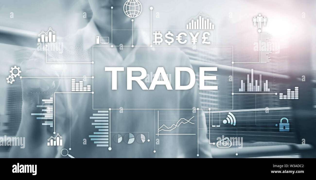 Concetto di business e tecnologia. Iscrizione sulla schermata virtuale: Commercio. Icone di valuta i supporti misti Foto Stock