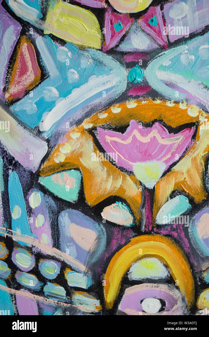 Disegnata a mano di pittura acrilica. L'arte astratta sfondo. Pittura Acrilica su tela di canapa. Colore e struttura. Frammento di opere d'arte. Pennellate di vernice. Ar moderno Foto Stock