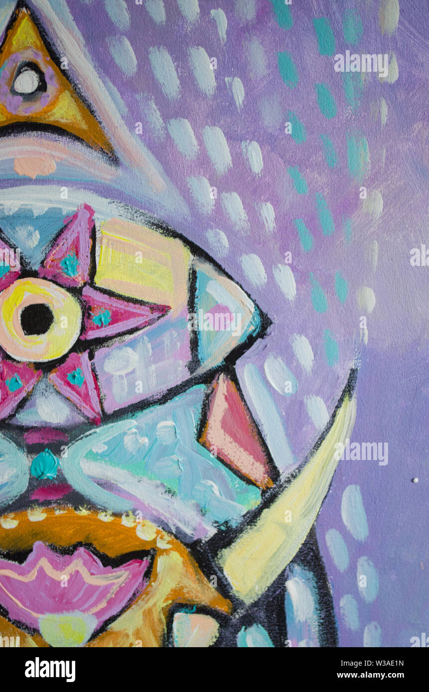 Disegnata a mano di pittura acrilica. L'arte astratta sfondo. Pittura Acrilica su tela di canapa. Colore e struttura. Frammento di opere d'arte. Pennellate di vernice. Ar moderno Foto Stock