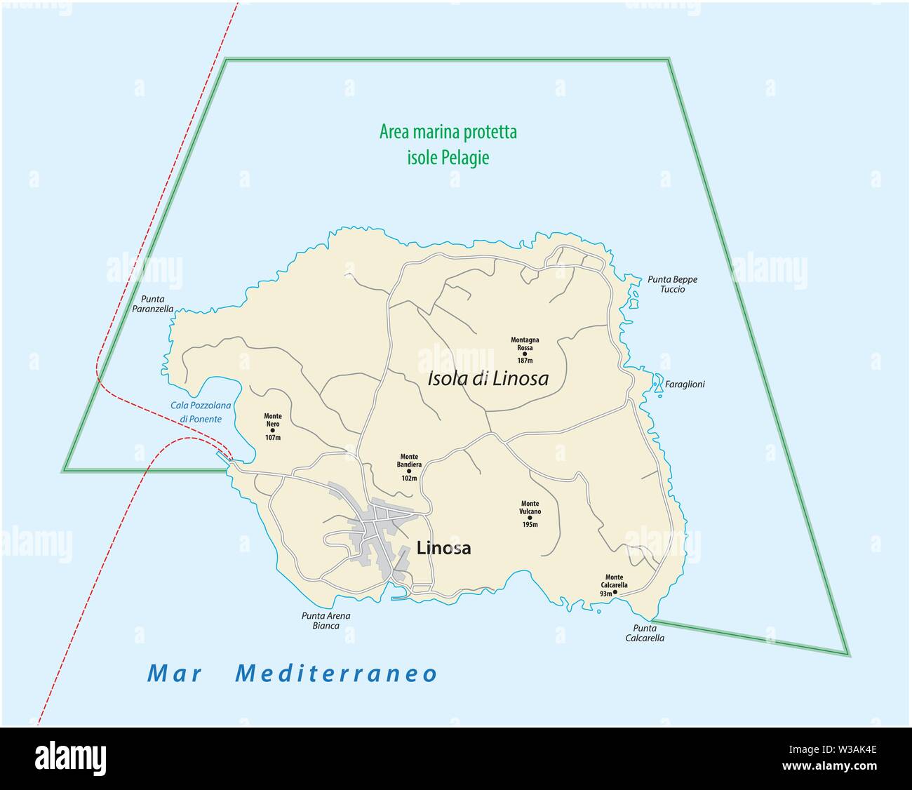 Mappa stradale italiana di isola del Mediterraneo Linosa Italia Illustrazione Vettoriale