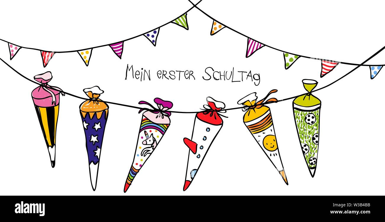 Primo Giorno Di Scuola Parte Scuola Colorati Coni Con Handlettering Mein Erster Schultag Disegnato A Mano Illustrazione Vettoriale Per Biglietto Di Auguri Design Immagine E Vettoriale Alamy
