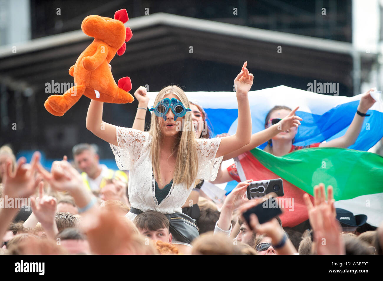 Tifosi guardare i wombats eseguire sui principali Stageduring il festival TRNSMT a Glasgow Green, Scozia. Foto Stock