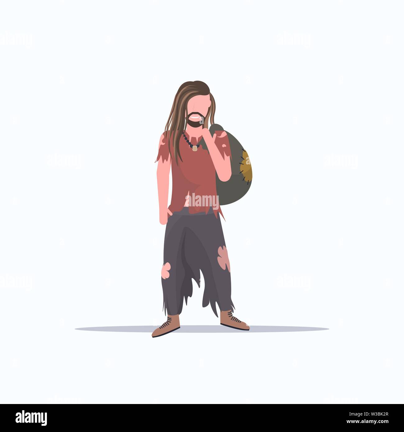 L'uomo mendicante con borsa walking street tramp mendicando per aiutare i senzatetto concetto flat a lunghezza piena sfondo bianco Illustrazione Vettoriale