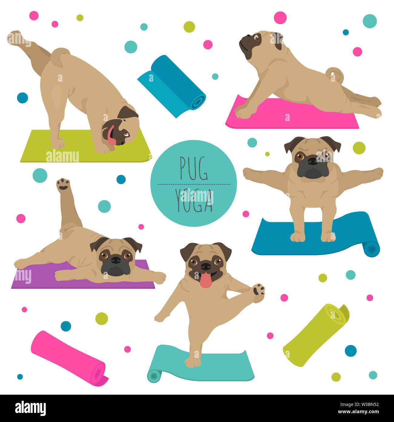 Lo Yoga pone i cani e gli esercizi. Pug clipart. Illustrazione Vettoriale Illustrazione Vettoriale