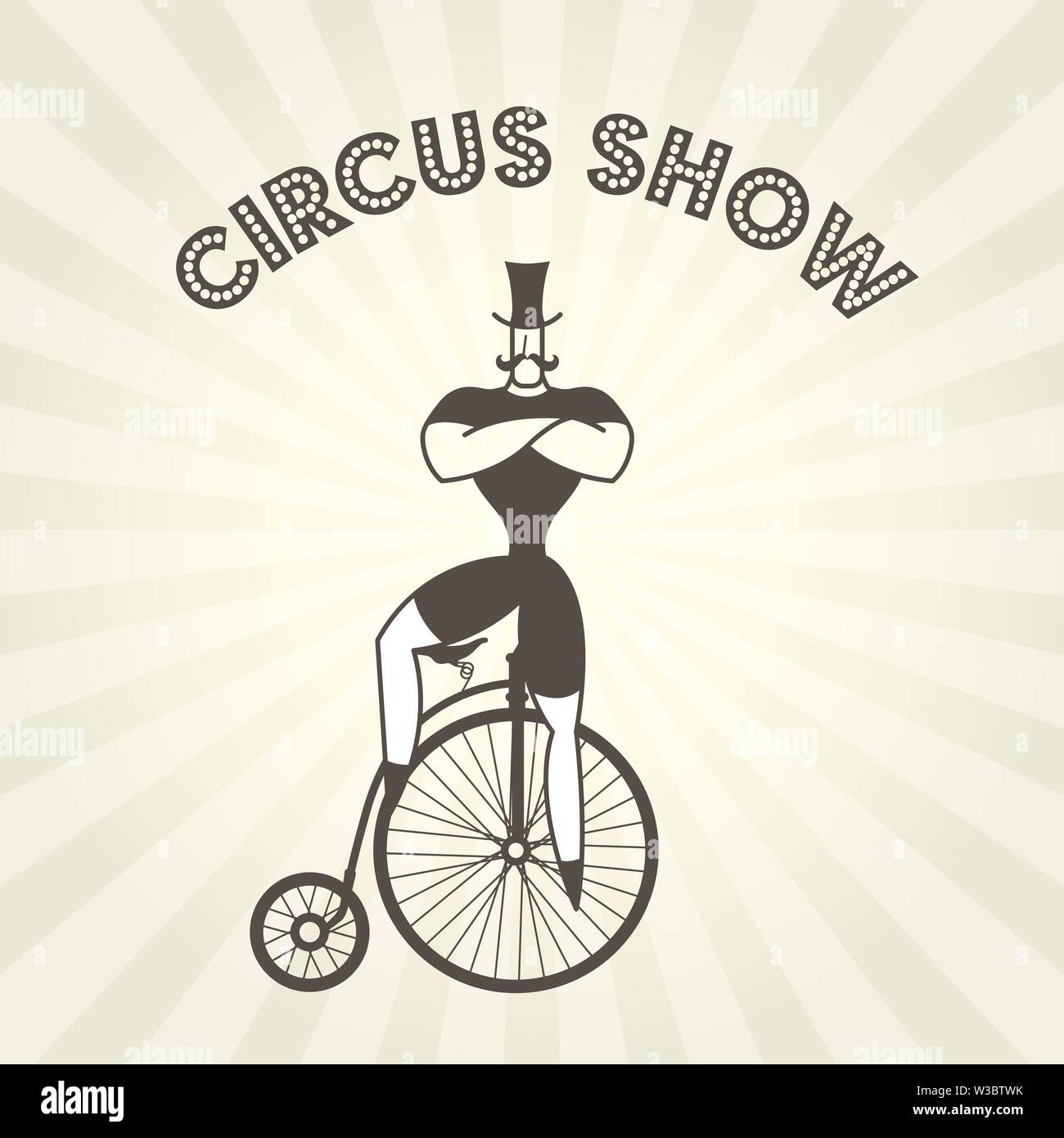 Circus attore sulla bicicletta retrò - uomo forte sul vecchio Penny Farthing bicicletta Illustrazione Vettoriale