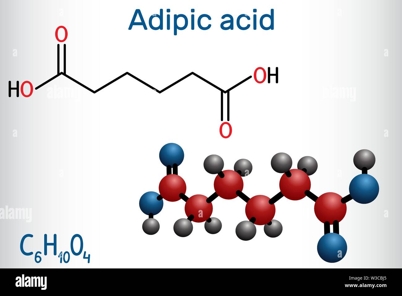 Acido adipico o esanodioico, acido dicarbossilico molecola. Si tratta di additivo alimentare E355, è anche utilizzato come precursore per la produzione di nylon. Ch strutturali Illustrazione Vettoriale