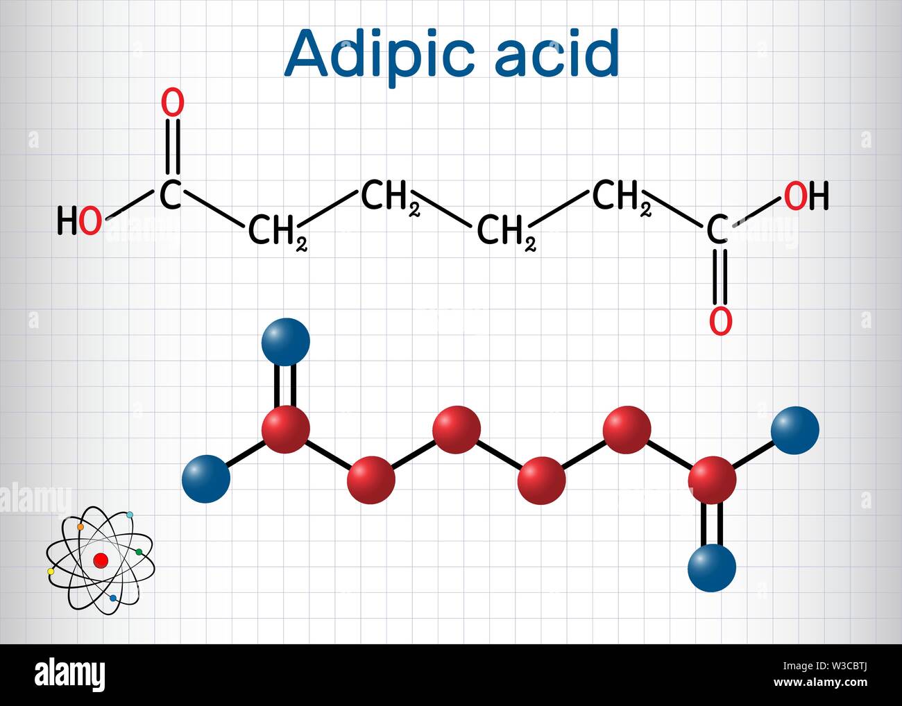 Acido adipico o esanodioico, acido dicarbossilico molecola. Si tratta di  additivo alimentare E355, è anche utilizzato come precursore per la  produzione di nylon. Foglio di pape Immagine e Vettoriale - Alamy