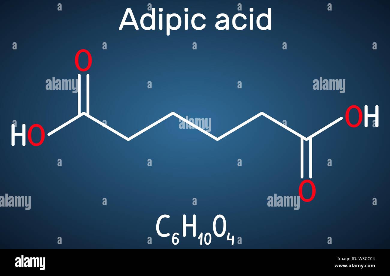 Acido adipico o esanodioico, acido dicarbossilico molecola. Si tratta di additivo alimentare E355, è anche utilizzato come precursore per la produzione di nylon. Ch strutturali Illustrazione Vettoriale