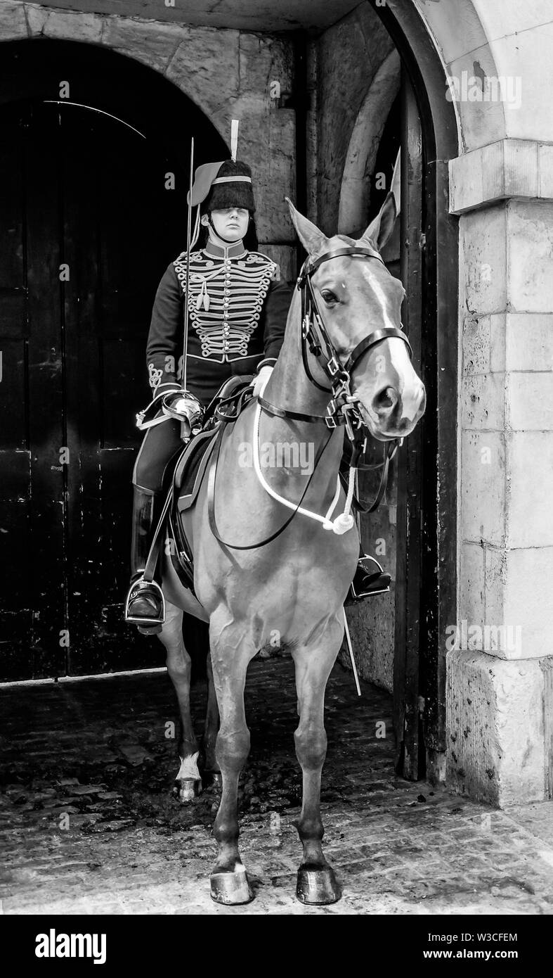 London, Regno Unito - 14 Luglio 2019:è montato un soldato di cavalleria della famiglia sul dazio a Horse Guards Foto Stock