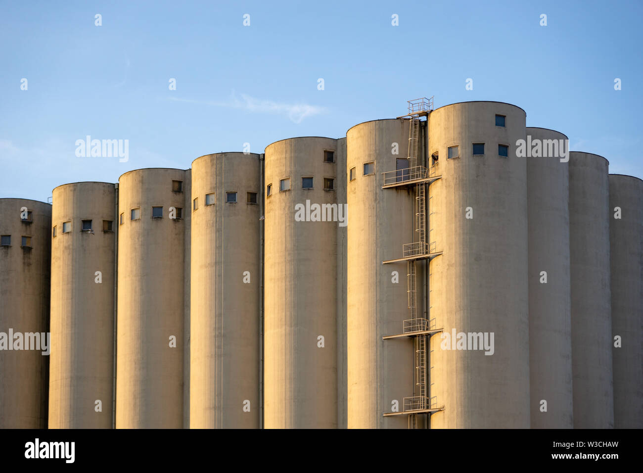 Fila di silos rotondo su un cielo blu sullo sfondo Foto Stock