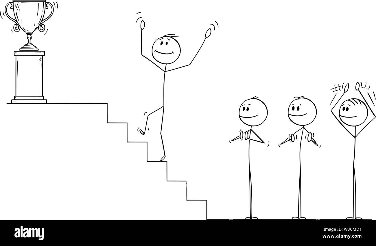 Vector cartoon stick figura disegno illustrazione concettuale di imprenditore salendo su per le scale fino al trofeo del vincitore, mentre il team aziendale è applaudendo e battendo le mani. Illustrazione Vettoriale