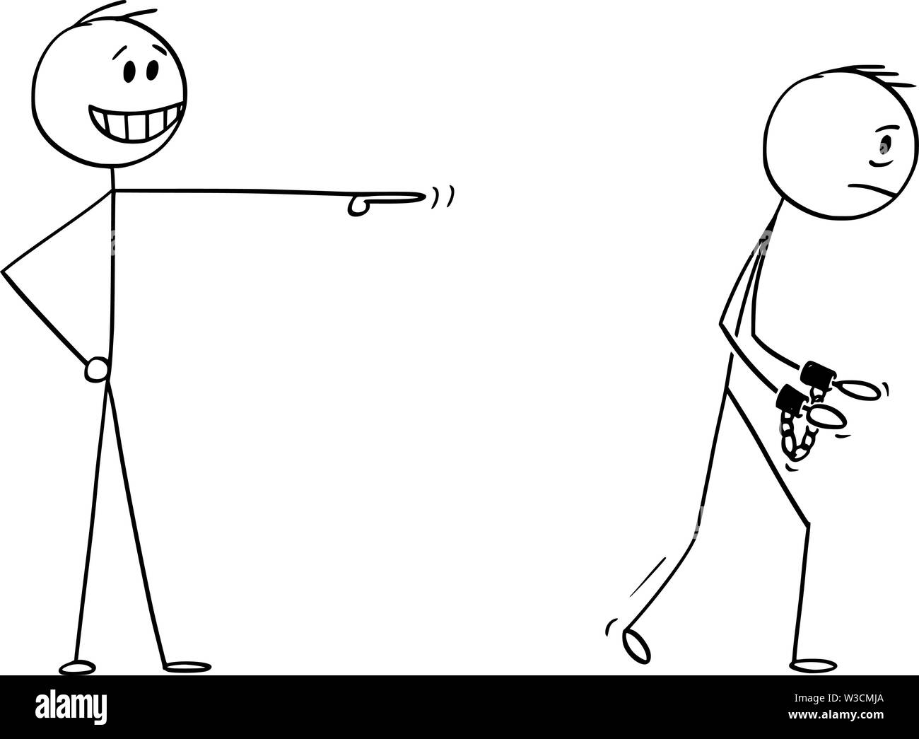 Vector cartoon stick figura disegno illustrazione concettuale di imprenditore effettuare una simulazione o il ridicolo all uomo di andare in prigione con biscottini o manette sulle mani. Illustrazione Vettoriale