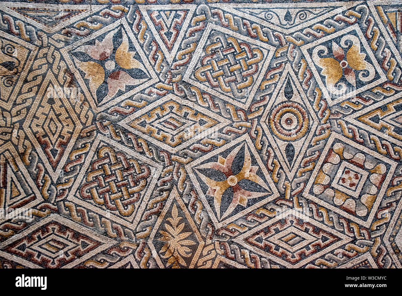 Una dettagliata e intricato mosaico romano con figure geometriche e modelli naturali Foto Stock