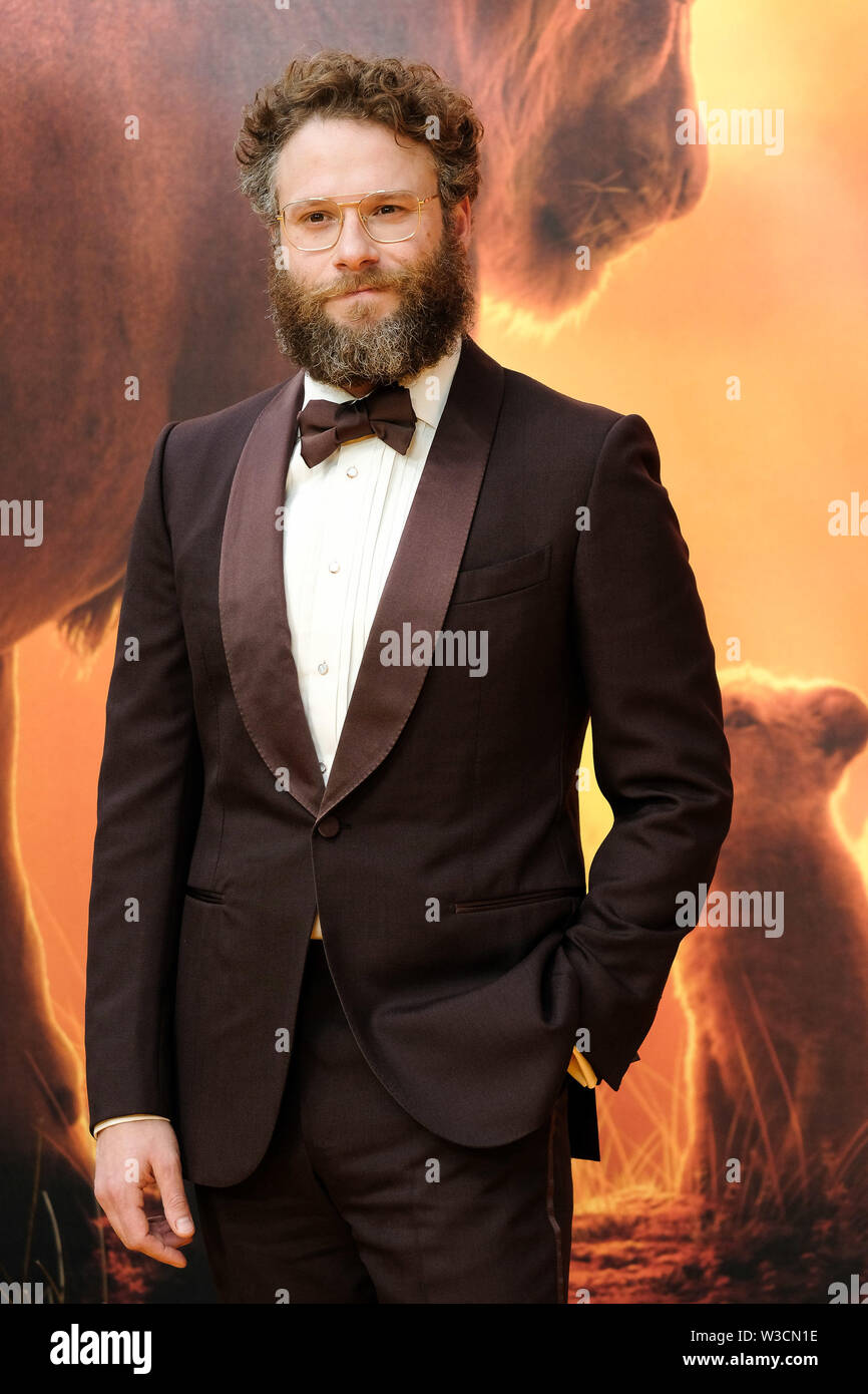 Londra, Regno Unito. Il 14 luglio 2019. Seth Rogen pone sul tappeto giallo a premiere europeo di Disneys 'Il Re Leone' domenica 14 luglio 2019 a LUXE Odeon Leicester Square, Londra. Seth Rogen. Foto di Julie Edwards. Credito: Julie Edwards/Alamy Live News Foto Stock