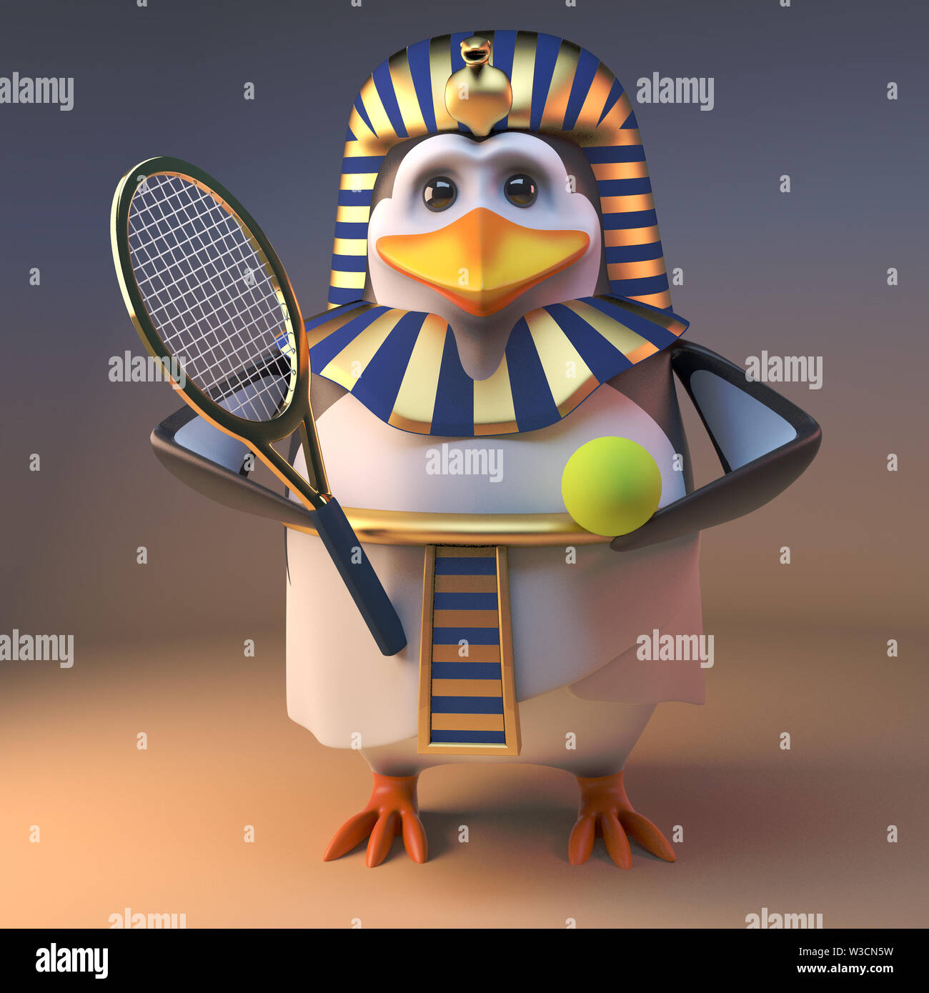 Funny cartoon 3d pinguino egiziano faraone Tutankhamon gode giocare a tennis, 3D render illustrazione Foto Stock