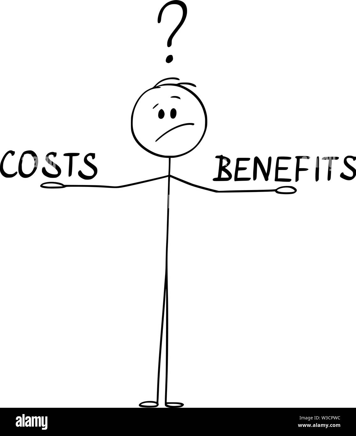 Vector cartoon stick figura disegno illustrazione concettuale dell'uomo o imprenditore bilanciamento dei costi e benefici nelle sue mani e pensando a. Illustrazione Vettoriale