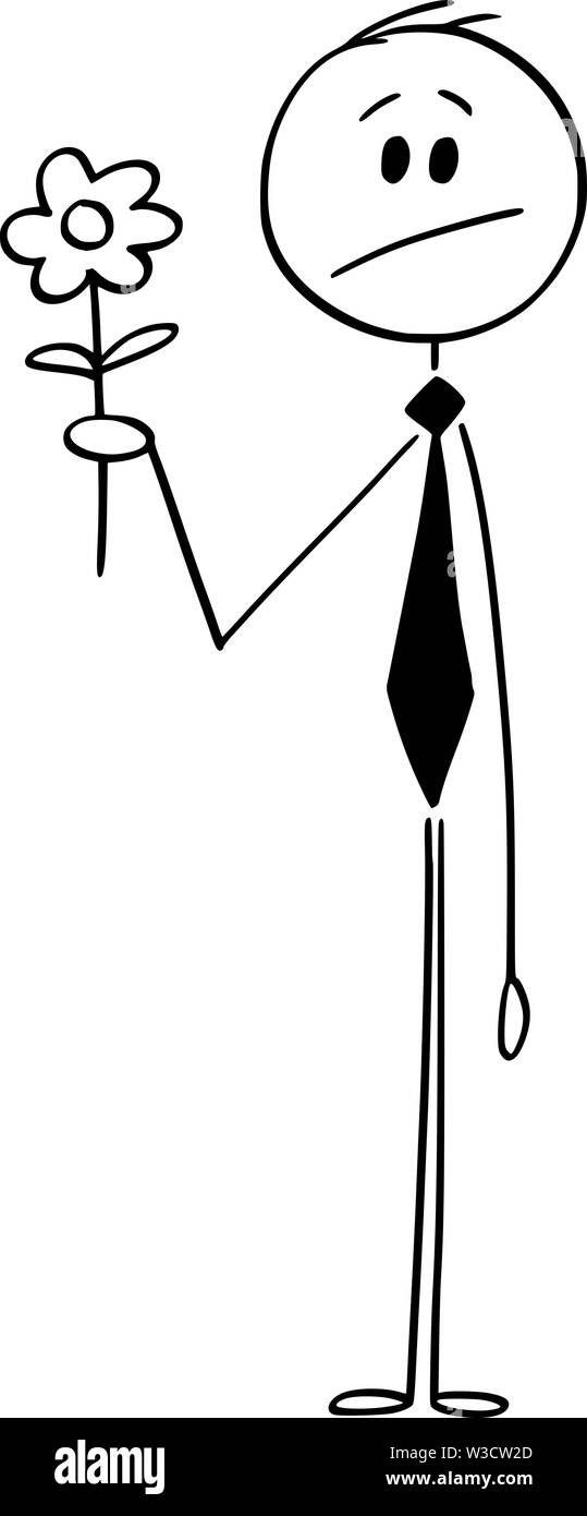 Vector cartoon stick figura disegno illustrazione concettuale di esitanti o triste uomo con fiore. Illustrazione Vettoriale