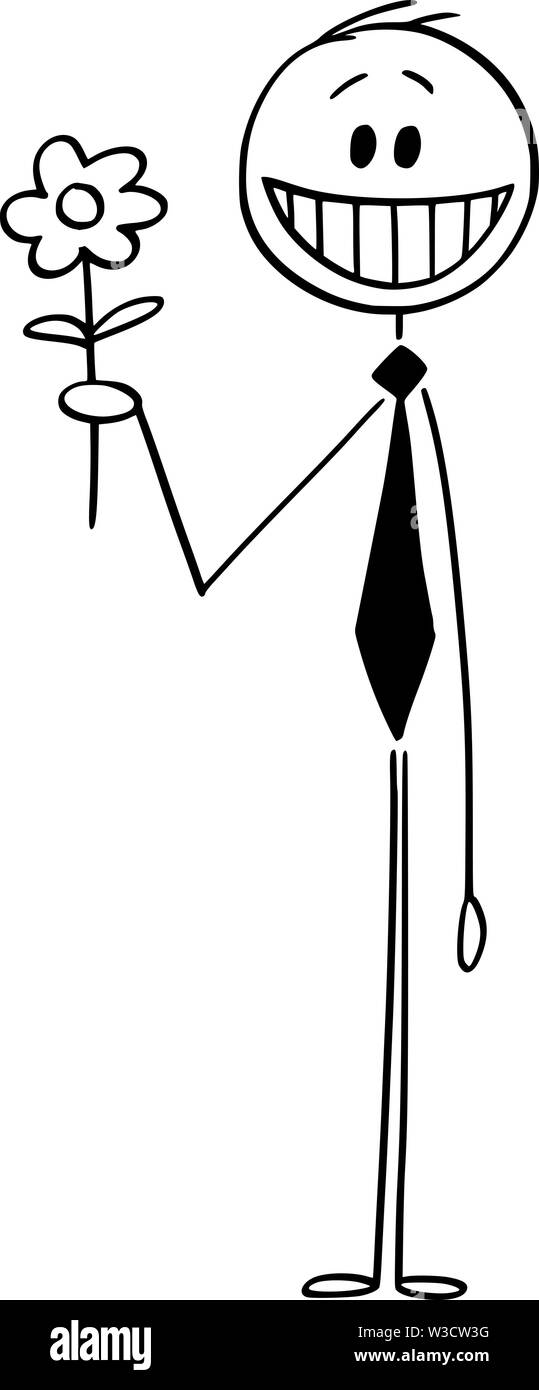 Vector cartoon stick figura disegno illustrazione concettuale di sorridere e uomo felice con fiore. Illustrazione Vettoriale