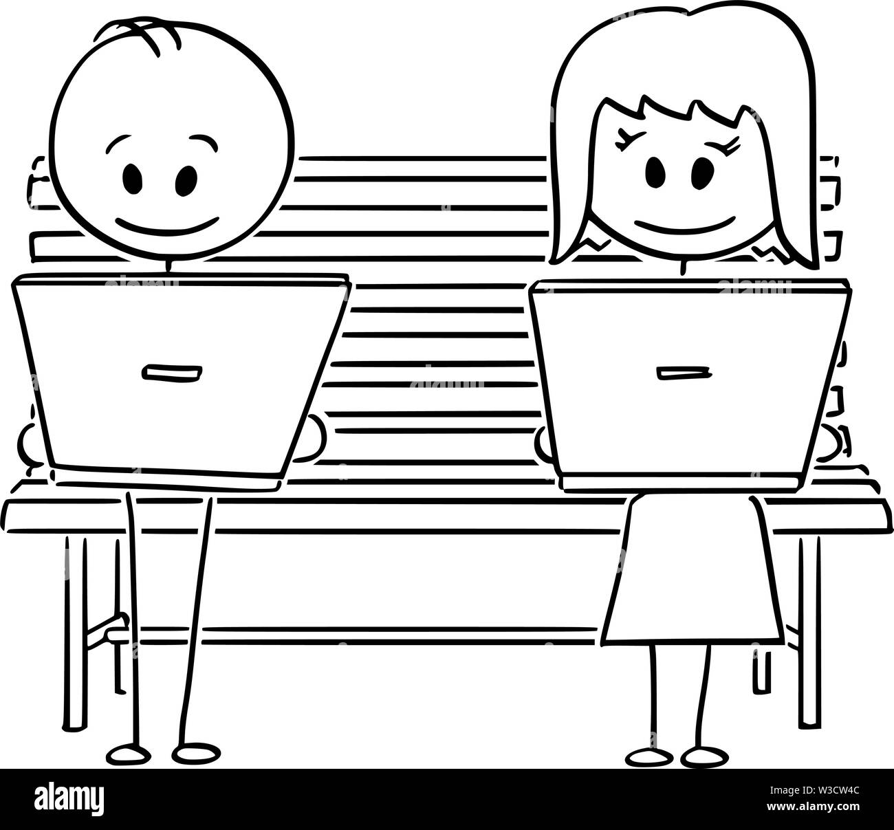 Vector cartoon stick figura disegno illustrazione concettuale del giovane di un uomo e di una donna che utilizza media sociali o di lavoro sui computer mentre è seduto su una panchina nel parco. Illustrazione Vettoriale
