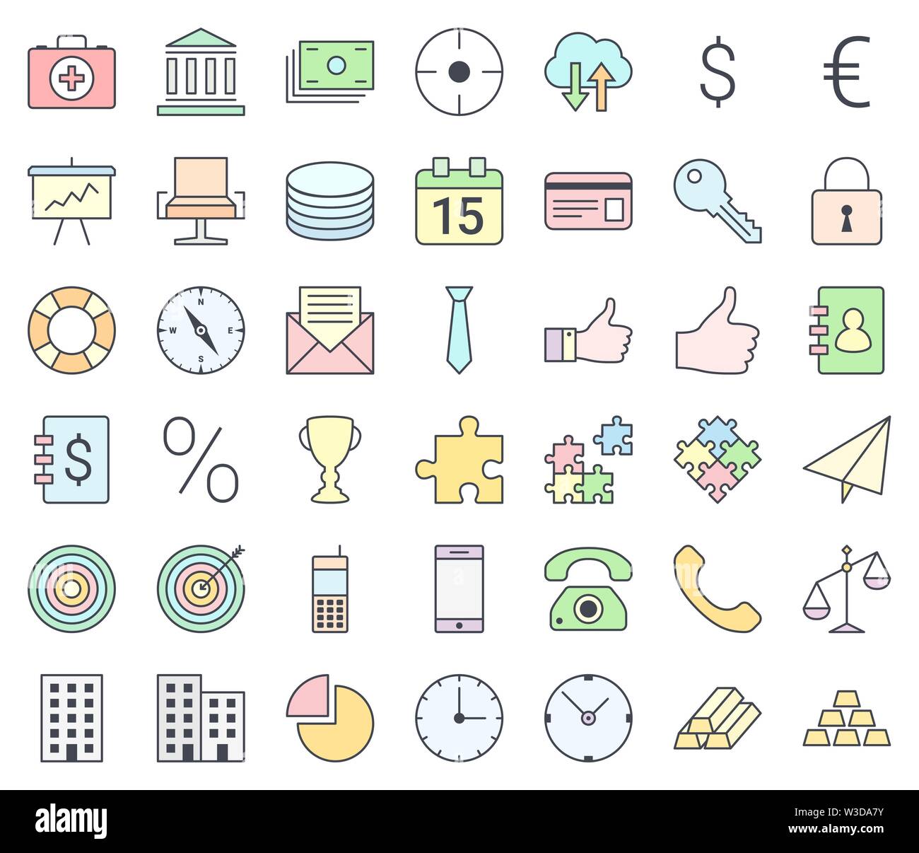 Business sottile semplice icona impostare, riempimento con colori pastello, isolato su sfondo bianco Illustrazione Vettoriale