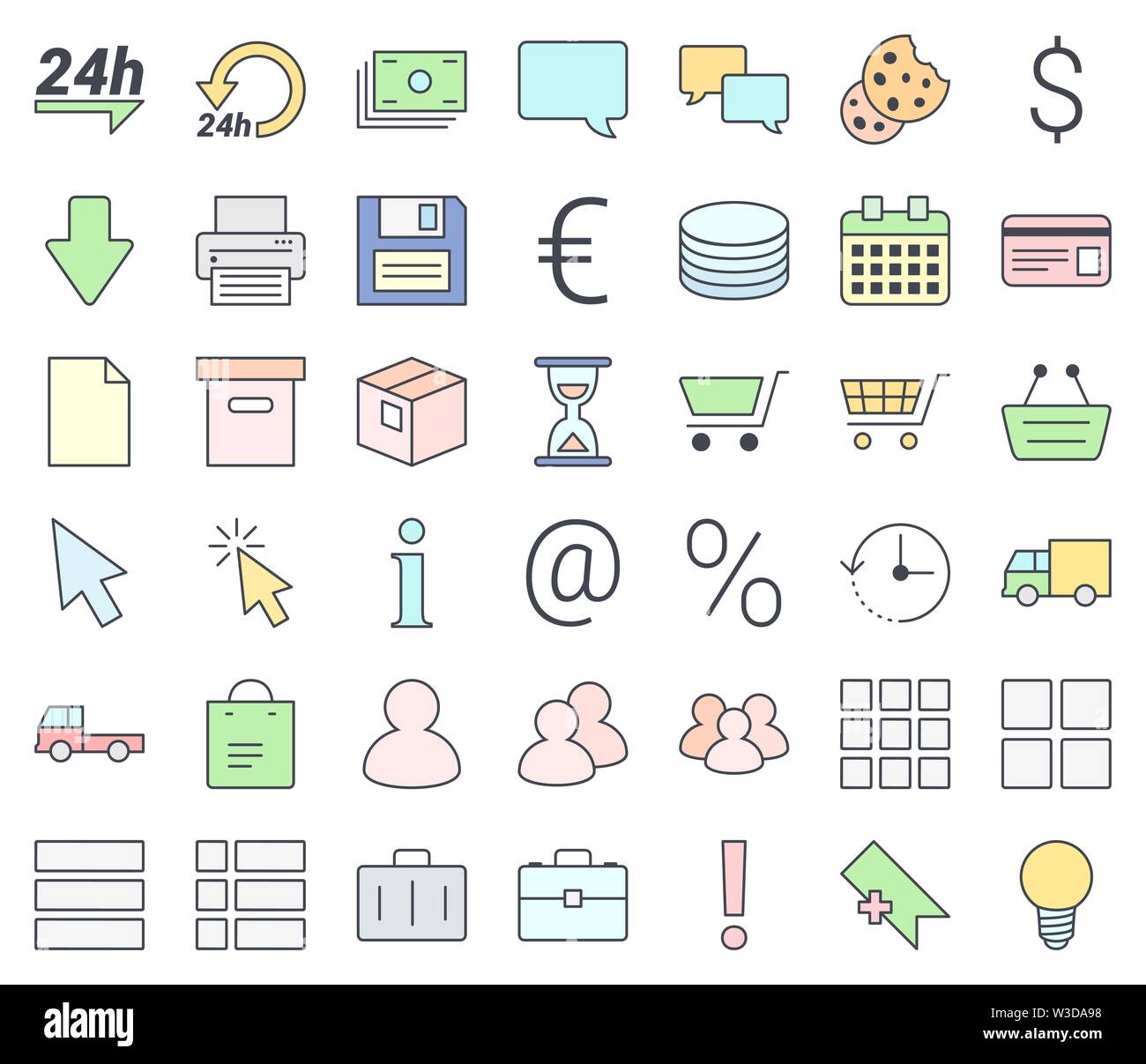 E-commerce sottile semplice icona impostare, riempimento con colori pastello, isolato su sfondo bianco Illustrazione Vettoriale