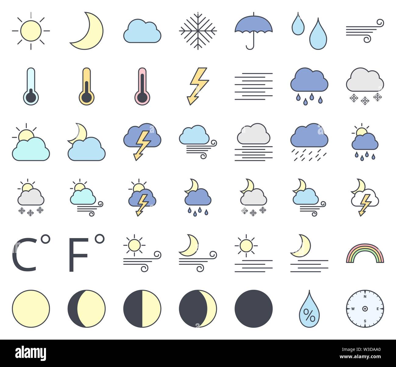 Meteo line icona impostare, riempimento con colori pastello - sun, fase lunare, cloud, pioggia, neve, rainbow, thunder Illustrazione Vettoriale