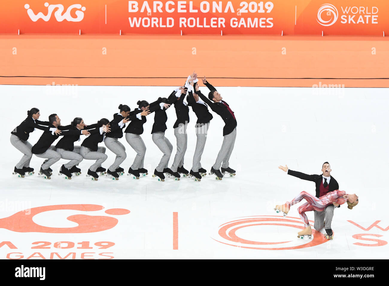 Piccolo gruppo rullo di ROMA DAL TEAM ITALIA svolge nell'evoluzione della medicina, hanno classificato in terza posizione al mondo dei giochi a rullo 2019, Palau Sant Jordi, il 13 luglio 2019 Barcellona, Spagna. Credito: Raniero Corbelletti/AFLO/Alamy Live News Foto Stock