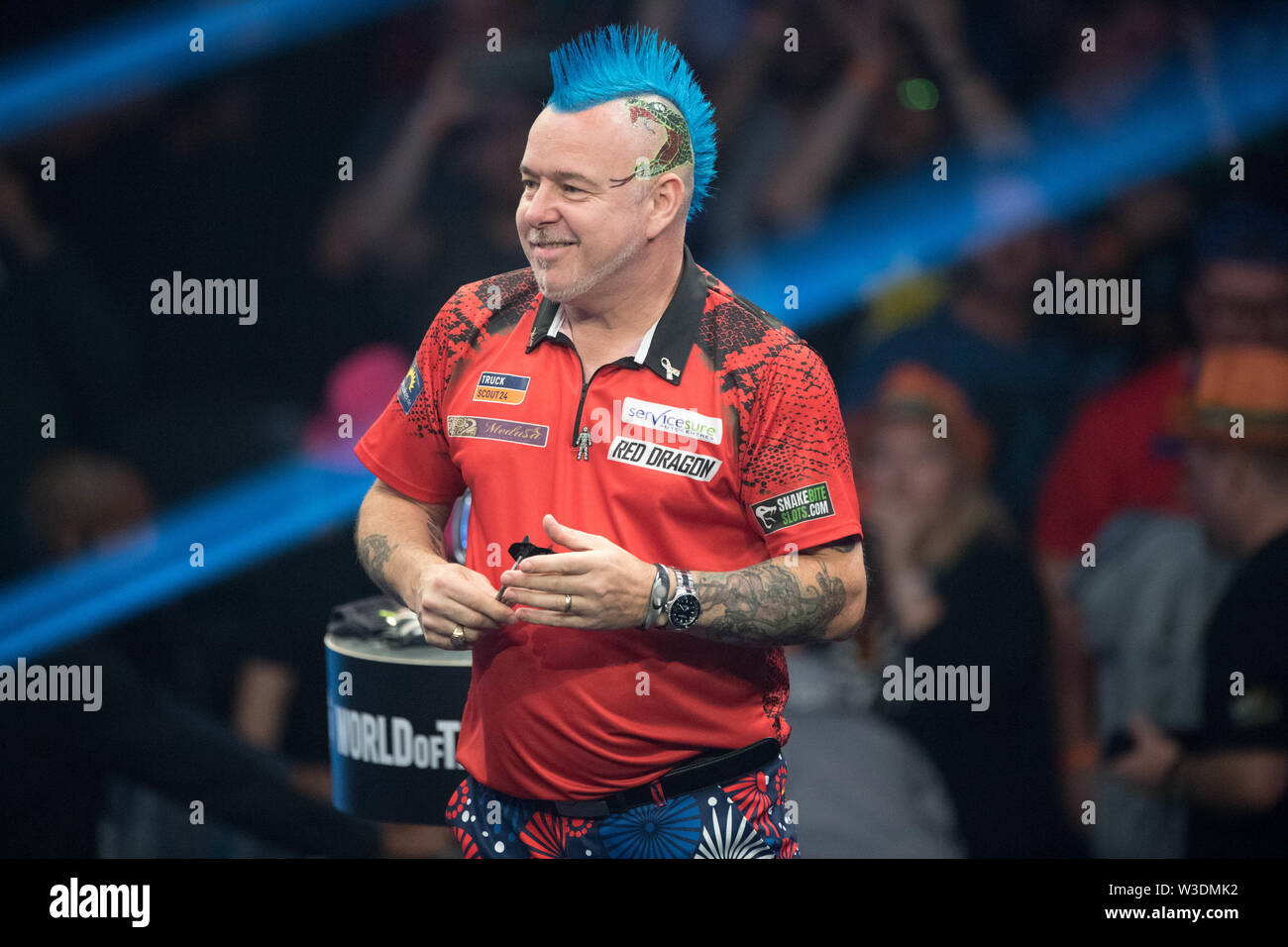 Peter Wright (ITA), mezza figura, mezza figura, laughsd, lÃ chelnd, lÃ cheln, lÃ chelnd, risate, Tedesco Freccette Masters, su 13.07.2019 in la Lanxess Arena in Koeln/Germania. | Utilizzo di tutto il mondo Foto Stock