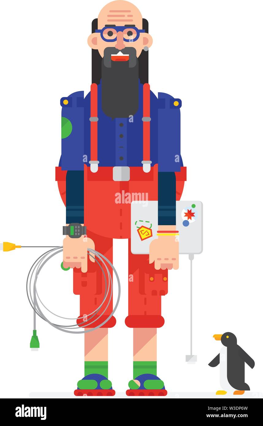 Un programmatore, un hacker disegnato in un cartone animato di tipo piatto. Illustrazione del carattere degli hacker. Immagine è isolato su sfondo bianco. Carattere de Illustrazione Vettoriale