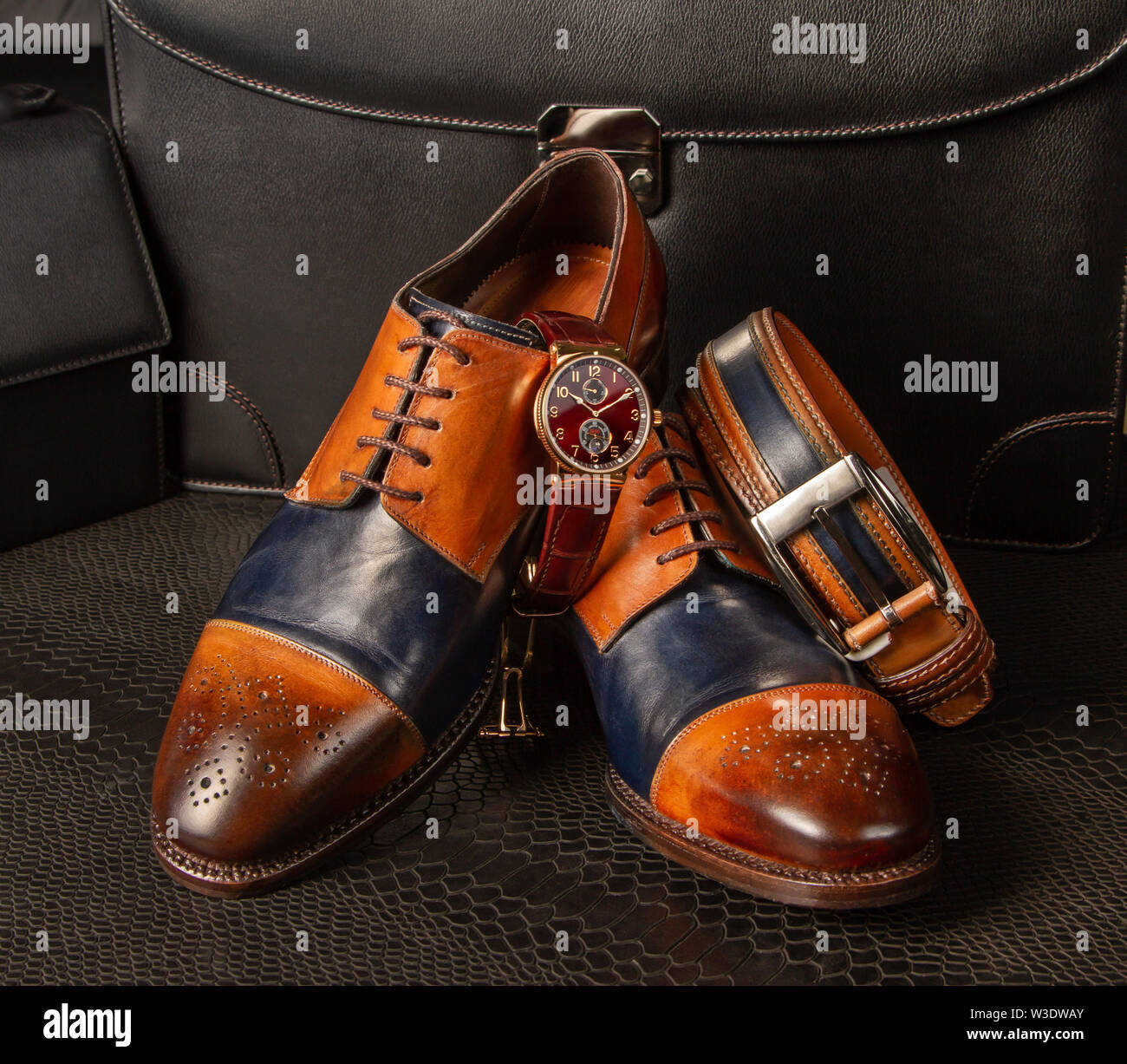 Classic scarpe da uomo, la cintura dei pantaloni e costosi orologi  giacciono sulla pelle di python contro lo sfondo di uomo in pelle borse.  Sfumature di marrone e Foto stock - Alamy
